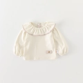Cream long sleeve baby bodysuit with floral ruffle collar and decorative button detail - White / 73cm