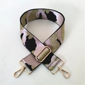 Detail of adjustable camo bag strap with pink and gold metallic weave and lobster clasp - Light Pink Camouflage Gold Thread