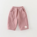 Pink knit cotton baby pants with elastic waist and white flower applique on the leg - Pink / 73cm