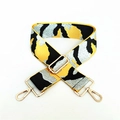 Close-up of camo pattern wide bag strap with gold metal lobster clasps and buckle - Camouflage Yellow Silver Thread