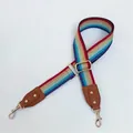 Adjustable rainbow striped bag strap with brown leather ends and gold metal hooks - Brown