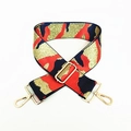 Close-up of red and blue camouflage pattern bag strap with gold metal buckle - Camouflage Orange Red Gold Thread