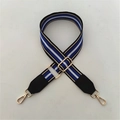 Verstellbarer breiter gestreifter Taschenriemen mit schwarzen Lederenden und Goldbeschlägen - Blauer Gurt + Schwarzes Leder