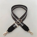 Adjustable wide striped shoulder strap with gold metal hooks and black leather reinforced ends - Grey Strap + Black Leather