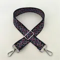 Close-up of ethnic style woven bag strap in black and blue geometric pattern with silver buckle - Style 59 Silver Buckle