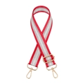 Detailaufnahme des rot-silber gestreiften verstellbaren Nylon-Schultergurts mit Goldhaken - Silberverschluss / Rot