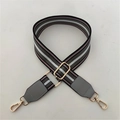 Adjustable striped wide shoulder strap with grey leather and gold swivel lobster clips - Grey Strap + Grey Leather