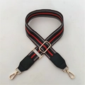 Adjustable green and red striped woven bag strap with golden metal swivel hooks - Green Strap + Green Leather