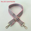 Detail of No. 101 gold buckle on a pink geometric woven shoulder strap for handbags - No. 101 Gold Buckle