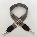 Detail of adjustable striped canvas strap with leather ends and gold metal snap hooks - Khaki Strap + Black Leather