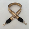 Detail view of adjustable striped canvas strap with leather ends and gold metal hooks - Yellow Strap With Black Leather