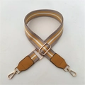 Close-up of adjustable striped handbag strap with yellow faux leather and gold buckles - Yellow Strap With Yellow Leather