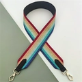Detail of colorful striped woven bag strap with black leather ends and gold metal clasps - Colorful with Black Leather