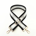 Detail of adjustable black and silver striped bag strap with gold lobster clasps - Black