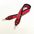 Tracolla regolabile a righe colorate con terminali in pelle rossa e ganci dorati - Righe Blu Marino Bordeaux con Pelle Bordeaux