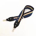Tracolla larga regolabile in tela a righe retrò con ganci in metallo dorato lucido - Righe Blu Marino con Pelle Nera