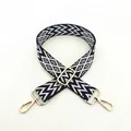 Detail of adjustable bag strap with black and white geometric canvas and gold metal hooks - Silver Clasp / No. 2 Blue