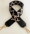 Adjustable wide replacement bag strap with pink and black zigzag pattern and gold clips - Black Pink Stripe With Black Leather