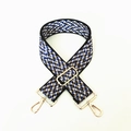 Detail of adjustable woven bag strap with colorful geometric pattern and gold metal hooks - Contrast Black Blue