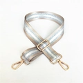 Detail of adjustable beige woven strap with silver metallic stripes and gold metal clips - Khaki