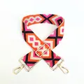 Detail of adjustable ethnic style woven strap with orange geometric patterns and gold clips - Orange Pink Diamond (No. 29)