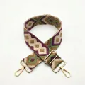 Detail of bohemian woven purse strap with purple geometric patterns and gold metal clasps - Purple Green Dark Khaki (No. 43)
