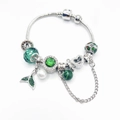 Silver snake chain bracelet with green fish tail charms and pearl in ocean theme - Green Fishtail Pearl Clasp Chain