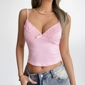 Eng anliegendes hellrosa Spitzen-Trägertop mit V-Ausschnitt und kleiner Schleife für Damen - XS / Rosa