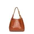 Brown hand-woven leather Hobo bag featuring a polished gold metal knot buckle - Large / Brown