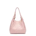 Pink hand-woven leather hobo bag featuring Intrecciato style and gold metal ring - Large / Lotus Pink