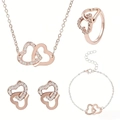 Rose gold double heart jewelry set with necklace earrings bracelet and ring for women - Four-Piece Set / Rose Gold