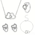 Elegant four-piece jewelry set with interlocking double hearts necklace and earrings - Four-Piece Set / Silver