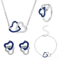 Parure de bijoux argentée avec cœurs entrelacés et incrustations de cristaux bleus - Set de 4 pièces / Argent/Bleu Roi