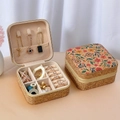 Travel jewelry box with natural cork texture, floral print, and beige velvet lining - 20600 (3 Styles C38-9) Zippered Sunflower Sea; 1