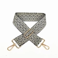 Detail of bohemian geometric pattern woven bag strap with golden metal swivel hooks - Black