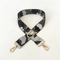 Macro shot of adjustable camouflage bag strap with premium gold metal swivel snap hooks - Antique Brass Buckle / Camouflage Gray (Silver Thread)