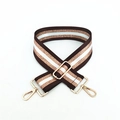 Detail of adjustable wide shoulder strap with gold-tone hardware and tricolor stripes - Silver Clasp / Coffee