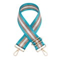 Detail of adjustable woven bag strap with blue and gold stripes and metal buckles - Aqua