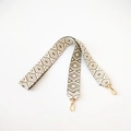 Detail of woven geometric jacquard bag strap with emerald green pattern and gold lobster clasps - Matcha Green