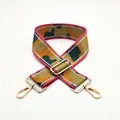 Detail view of camouflaged wide bag strap Style 5 with pink edges and gold metal hooks - Silver Clasp / US 5