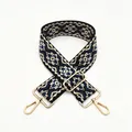 Close-up of bohemian geometric diamond pattern webbing with golden spring hooks - Retro Blue No.66