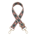 Close-up of bohemian geometric woven purse strap with premium gold metal hardware - Rice White Floral (Silver Buckle)