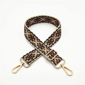 Detail of ethnic geometric woven strap with golden lobster clasps and metal buckle - Blue Edged Brown Floral (Silver Buckle)