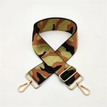 Macro shot of camo wide shoulder strap with golden metal swivel lobster clasps - Camouflage Brown Gold Thread