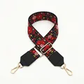 Close-up of ethnic style wide strap with pink floral embroidery and golden metal hooks - Black Base Dense Red Pink Floral Cluster Style (No. 7)