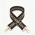 Detail of adjustable wide woven shoulder strap with geometric pattern and gold hardware - Light Coffee (B2)