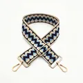 Detail of wide adjustable chevron bag strap with navy blue pattern and gold metal hooks - Silver Clasp / Khaki Blue (B11)
