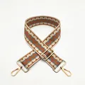 Detail of adjustable geometric diamond pattern bag strap with gold metal buckles - Brown (B15)