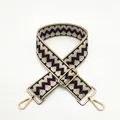 Detail of adjustable woven shoulder strap with geometric zigzag pattern and gold metal hooks - Khaki Coffee (B21)