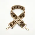 Detail of wide woven geometric diamond pattern bag strap with gold metal lobster clasps - Style 13 Khaki (Silver Buckle)
